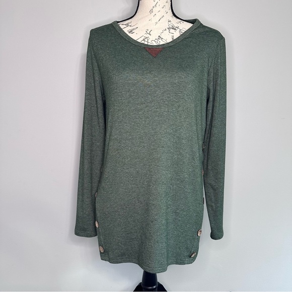Green Long Sleeve Pull Over Tunic w/ Button Accents & Elbow Patches | Size L - Picture 3 of 12